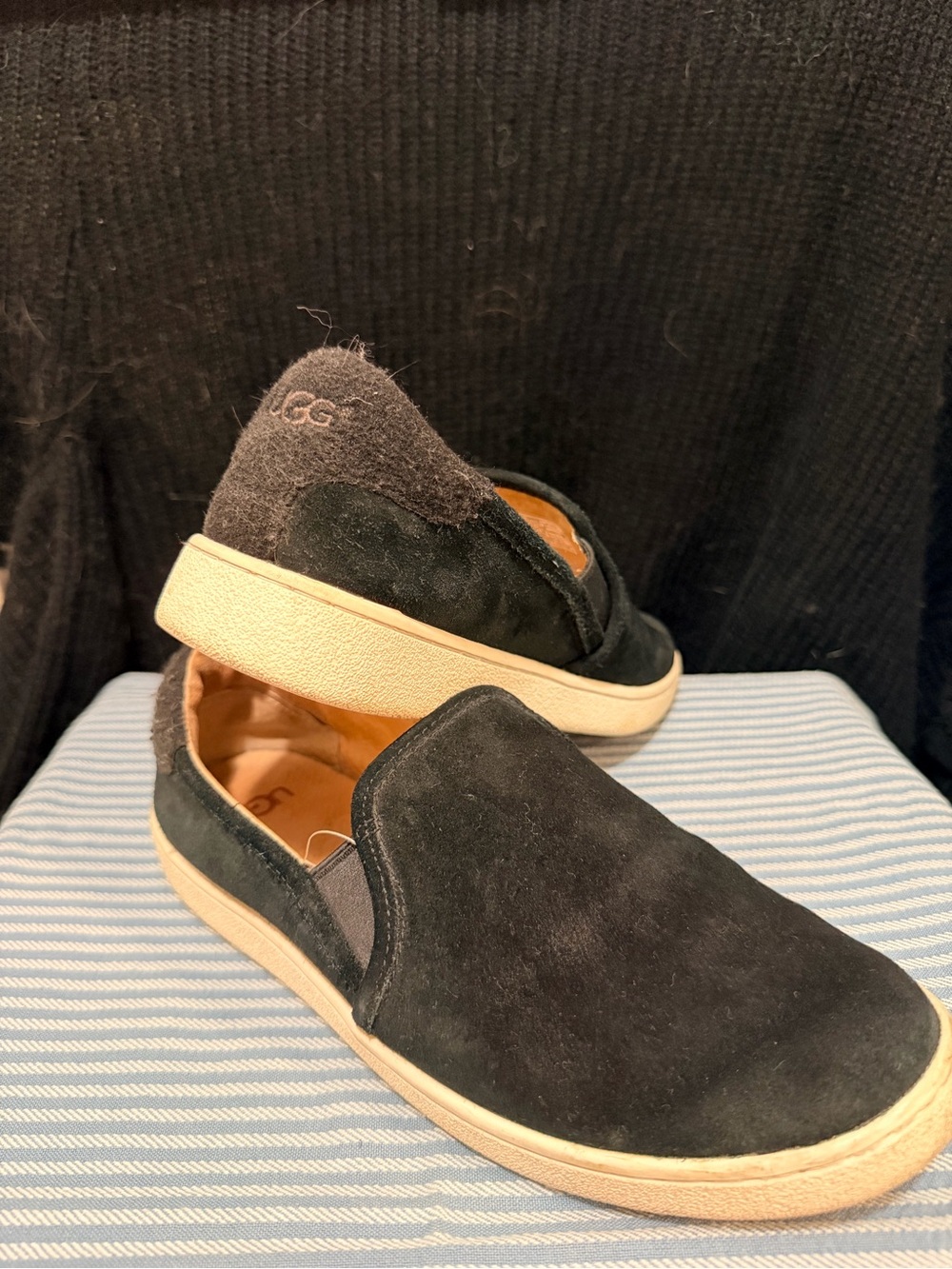 UGG Men's Black Suede Slip-On Loafers with Cream Sole